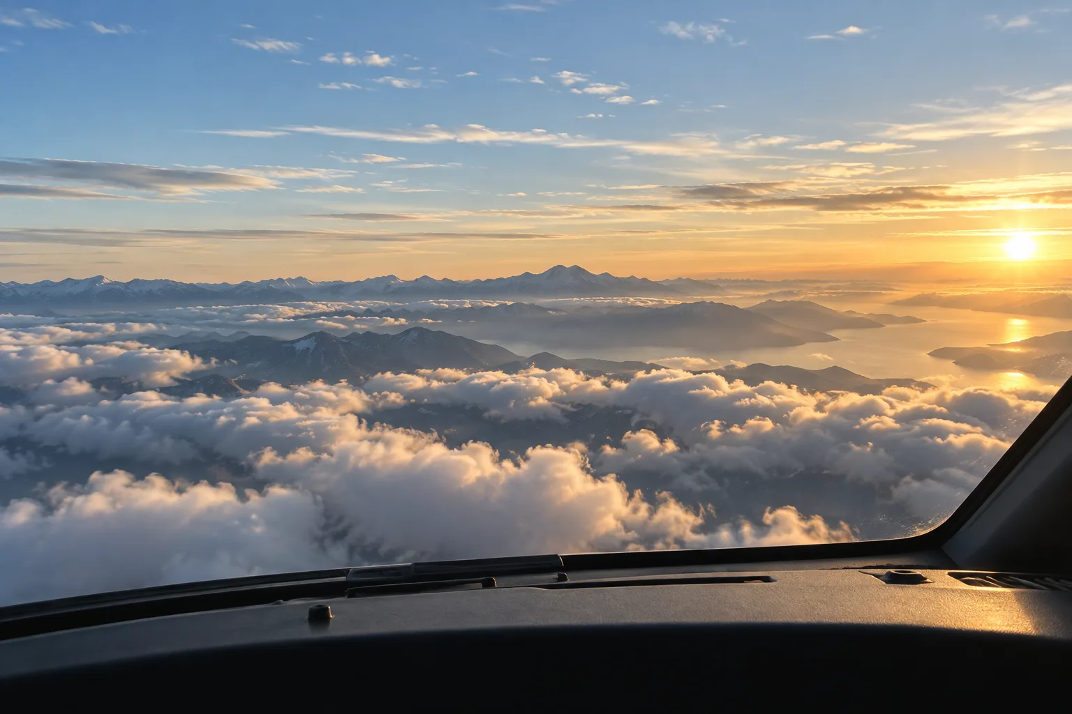 Illustrative cockpit view above clouds and mountains.